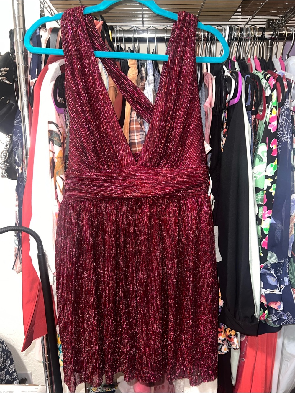 NWT Lulu's Metallic Burgundy/Magenta V-Neck Crossback Mini Dress